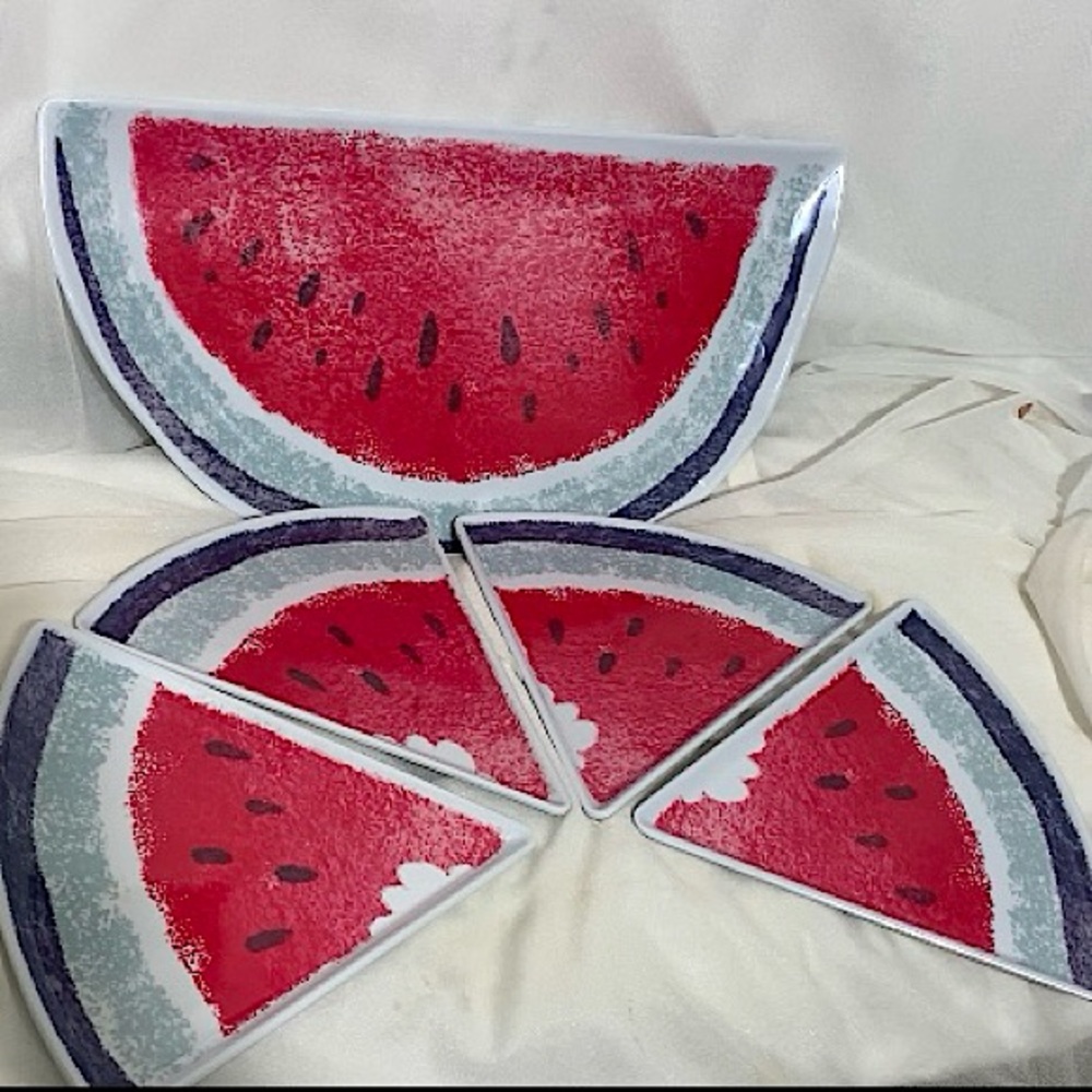 Watermelon thick plastic Plate set. One large platter, 4 small plates